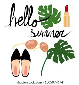 Hello summer hand writing and summertime objects set: stylish flat shoes, tropical leaves, sunglasses, red lipstick vector isolated