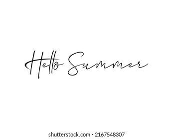 Hello Summer Hand Written Black Text Lettering Calligraphy Style isolated on White Background. Vector Illustration for Greeting Cards.