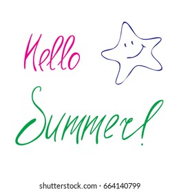 Hello summer! Hand written calligraphy lettering phrase with sea star. Phrase isolated on the white background. Vector illustration.
