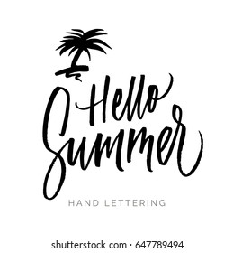 Hello Summer. Hand written elegant phrase for your design. Custom hand lettering. Can be printed on greeting cards, paper and textile designs, etc