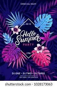 Hello Summer Hand Written Lettering Text With Palm And Monstera Leaves, Tropical And Jungle Plants And Flowers. Trendy Colorful Banner. Beach Party Flyer, Invitation. Vector Illustration.