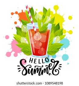 Hello summer hand written lettering. Vector illustration with summer cocktail and paint splash.