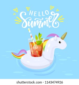 Hello summer hand written lettering. Vector illustration with summer cocktail and inflatable unicorn.