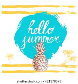 Hello summer hand written phrase with palms. Inscription ink on blue rough circle. Hand drawn sketch pineapple.