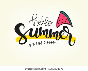 Hello Summer, Hand Written Text with Doodle Background, Summer Season Vector Background. 