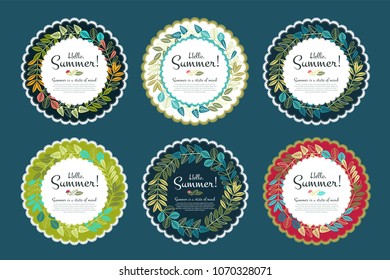 Hello Summer Hand Written Vector Wreath Design, Cute Flourish Illustration with Typography. Useful layout for greeting card, calendar, print and web design, poster, sale banner, mail, ads, shop