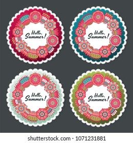 Hello Summer Hand Written Vector Wreath Design, Cute Flourish Illustration with Typography. Useful layout for greeting card, calendar, print and web design, poster, sale banner, mail, ads, shop