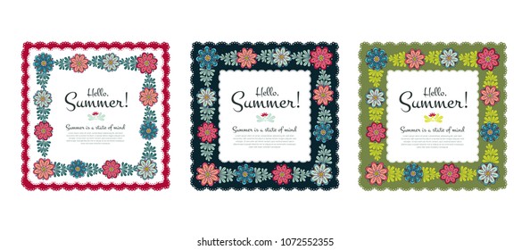 Hello Summer Hand Written Vector Wreath Design, Cute Flourish Illustration with Typography. Useful layout for greeting card, calendar, print and web design, poster, sale banner, mail, ads, shop