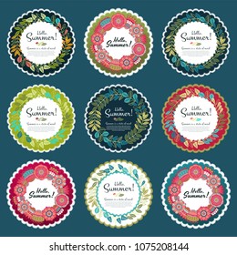 Hello Summer Hand Written Vector Wreath Design, Cute Flourish Illustration with Typography. Useful layout for greeting card, calendar, print and web design, poster, sale banner, mail, ads, shop