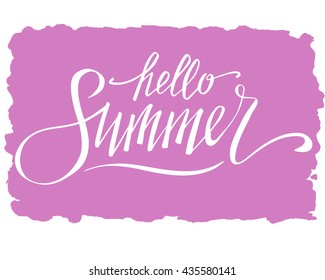 Hello summer, hand written vector lettering on watercolor background.