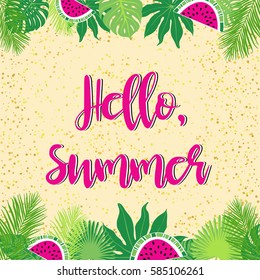 Hello, summer. Handdrawn lettering. Hand print, letters, symbols, poster