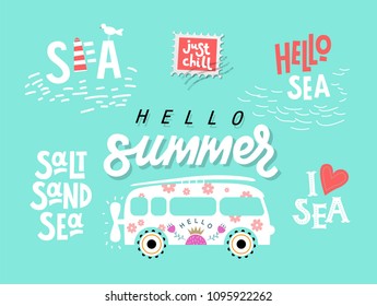 Hello summer, hand-drawn lettering.  Stamps with summer quotes and vector illustrations. Sea quotes. For banners, greeting card, poster, summer sale season 