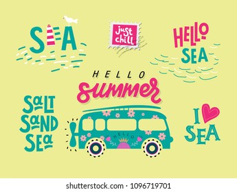 Hello summer, hand-drawn lettering.  Stamps with summer quotes and vector illustrations. Sea quotes. For banners, greeting card, poster, summer sale season 