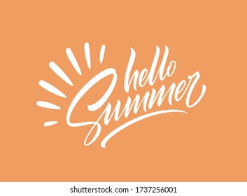 Hello summer handwriting lettering isolated on orange background. Vector illustration EPS10