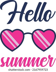 Hello summer handwritten font and cool pink sunglasses with heart shape