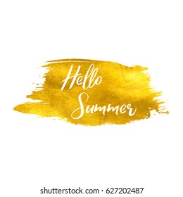 hello summer handwritten label on golden paint stain banner.