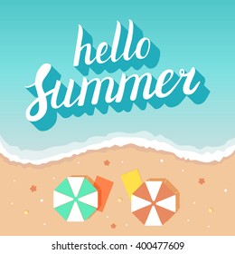 Hello summer handwritten lettering on sea beach background. Vector illustration.