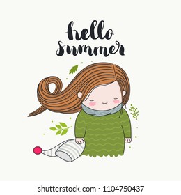 Hello summer - handwritten lettering, a smiling girl holding a beanie, long hair flying in the wind, green leaves. Isolated on white background. Vector art.
