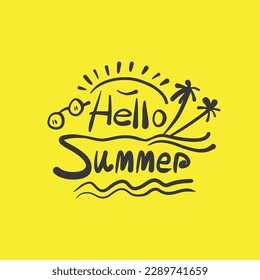 Hello summer handwritten lettering for t shirt, travel, beach. Hello summer vector illustration with sun glass, plum tree.