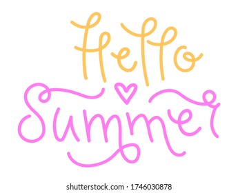 Hola plantilla de letras manuscritas de verano. Fragmento estacional vectorial aislado en fondo blanco. Diseño tipográfico para pegatinas, tarjetas, afiches, web, banner, impresión.