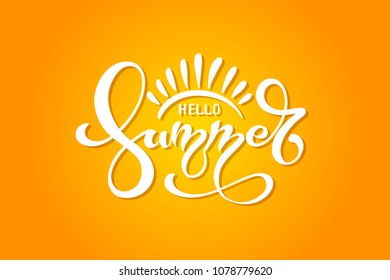 Hello summer. Handwritten lettering typography on a white background. Summer Background Vector Illustration for Beach Holidays