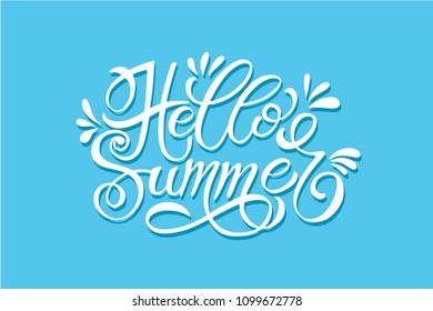 Hello summer. Handwritten lettering typography. Summer Background Vector Illustration. Motivating quote hipster design logo or label. Hand lettering inspirational typography poster, banner, card.