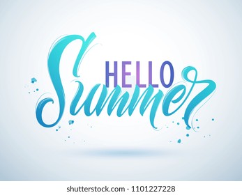 Hello Summer handwritten lettering.  Hello Summer typography vector design for greeting cards and poster. Design template celebration. Vector illustration.