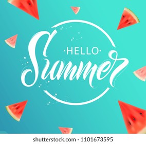 Hello Summer handwritten lettering.  Hello Summer typography vector design for greeting cards and poster. Design template celebration. Vector illustration.