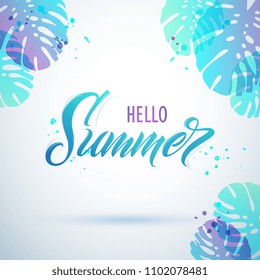 Hello Summer handwritten lettering.  Hello Summer typography vector design for greeting cards and poster. Design template celebration. Vector illustration.