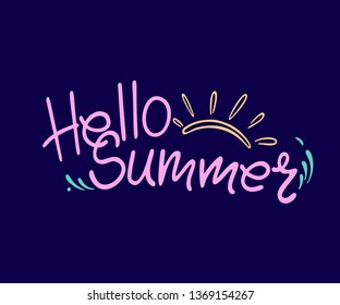 Hello summer. Handwritten quote with decorative element sun on dark blue background. Lettering design element for card. 
