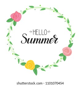 Hello Summer handwritten text and picture of flowers with foliage. Summer time logo template with calligraphic design. Summer lettering for prints, posters for Beach party, travel agency events.