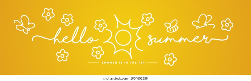 Hello Summer handwritten typography lettering summer is in the air with white flowers, butterflies and bee on yellow orange background drawing in line design