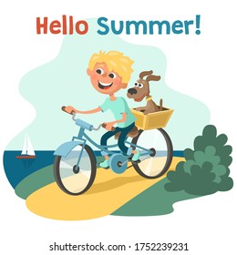 ¡Hola verano! Un niño feliz monta una bicicleta a lo largo de la orilla del mar. Un cachorro lindo en una cesta en el baúl. Tarjeta de felicitación vectorial o ilustración al estilo de la caricatura.