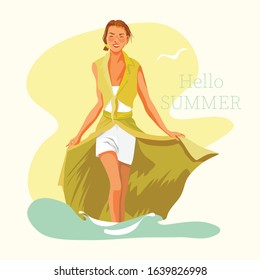 Hello summer. Happy girl in a beach sundress and shorts walks along the seashore in the summer heat. Vector retro illustration.