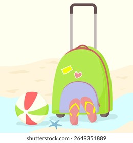 Hello summer happy holiday time, luggage, ball, and sandals background vector design.