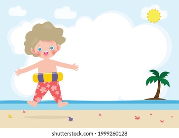 Hello Summer, Happy kids in swimming clothes with inflatable toys on beach, children with inflatable buoy jumping into swimming, child with float donut flat vector illustration isolated on background