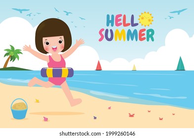Hello Summer, Happy kids in swimming clothes with inflatable toys on beach, children with inflatable buoy jumping into swimming, child with float donut flat vector illustration isolated on background