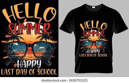 Hello summer happy last day of school - Dog typography T-shirt vector design. motivational and inscription quotes.
perfect for print item and bags, posters, cards. isolated on black background
