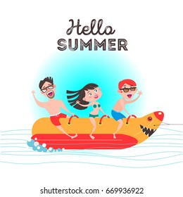 Hello, summer! Happy people on vacation. Holidays on the sea! Beach activities. Vector illustration.