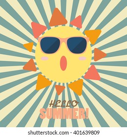 Hello Summer with happy sun on sunburst pattern. Retro style vector illustration