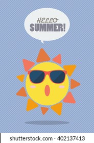 Hello Summer with happy sun on sunburst pattern. vector illustration