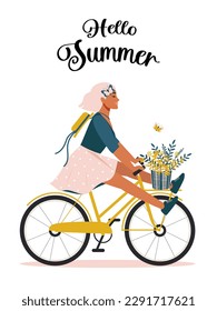 Hello summer. A happy woman rides a bike and enjoys the beginning of summer, improving her physical and mental health with a bouquet of daisies. Positive print on a white background. Vector.