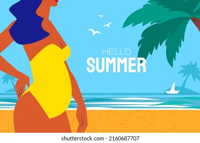 Hello summer. Happy young pregnant woman with sunburnt skin on a tropical beach wearing bright yellow. Summertime. Sea, sky, palms and beautiful beach.