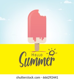 Hello summer heading with pink ice-cream illustration vector on blue sky background. Summer concept.