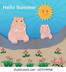 Hello summer with hippo and his son in the pool,vector illustration paper art style.