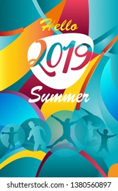 Hello Summer Holiday Abstract colorful poster template 2019, fluid color geometric dynamic shapes sea beach Sport party tropical background. Kids camp soccer championship Brazilian football icon sign