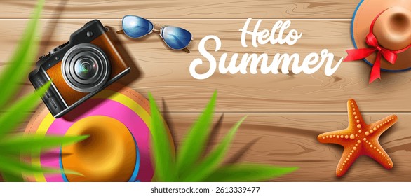 hello summer holiday advertising banner and summer vacation business promotion background.camera,hat and sunglasses on the wooden table with tropical leaves vector illustration.