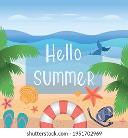 Hallo Sommerurlaub mit Hintergrunddesign, blauem Himmel, blauem Ozean und Strand gibt es Palmen, Muscheln, Seesterne, Gummi Ring, Hausschuhe und Schuhmaske.