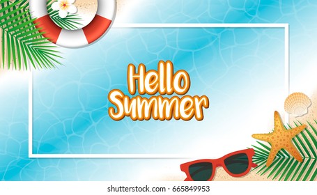 Hello summer holiday background. Top view of lifebuoy, sunglasses, starfish, shell, flower and leaf on sand beach. Season vacation, weekend. Vector Illustration.