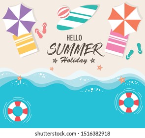 Hello summer holiday background. Vacation at beach and wave sea. Top view. Travel Relax Tropical with umbrellas,balls,swim ring,surfboard. Vector illustration in flat design. Copy-space for text.